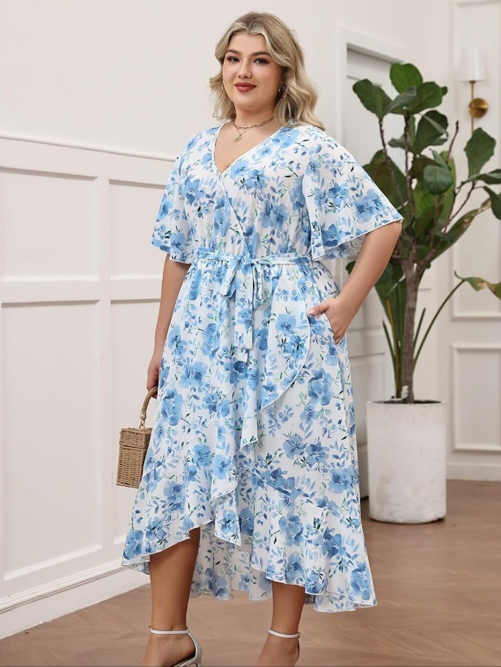 Keluummi Plus Size 16 Maxi Dress White Floral Empire Waist V-Neck 3/4 Sleeve Poc
